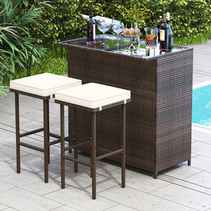 3-piece Rattan Wicker Bar Table Stools Dining Set Cushioned Chairs