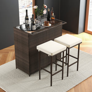3-piece Rattan Wicker Bar Table Stools Dining Set Cushioned Chairs