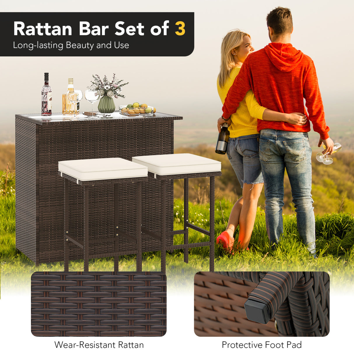 3-piece Rattan Wicker Bar Table Stools Dining Set Cushioned Chairs