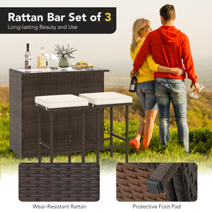 3-piece Rattan Wicker Bar Table Stools Dining Set Cushioned Chairs