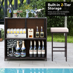 3-piece Rattan Wicker Bar Table Stools Dining Set Cushioned Chairs