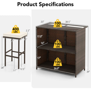 3-piece Rattan Wicker Bar Table Stools Dining Set Cushioned Chairs