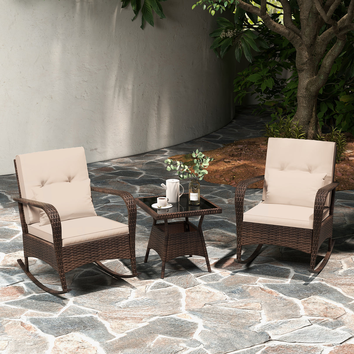 3 Piece Outdoor Rocking Set with Tempered Glass Coffee Table for Backyard Poolside-Brown