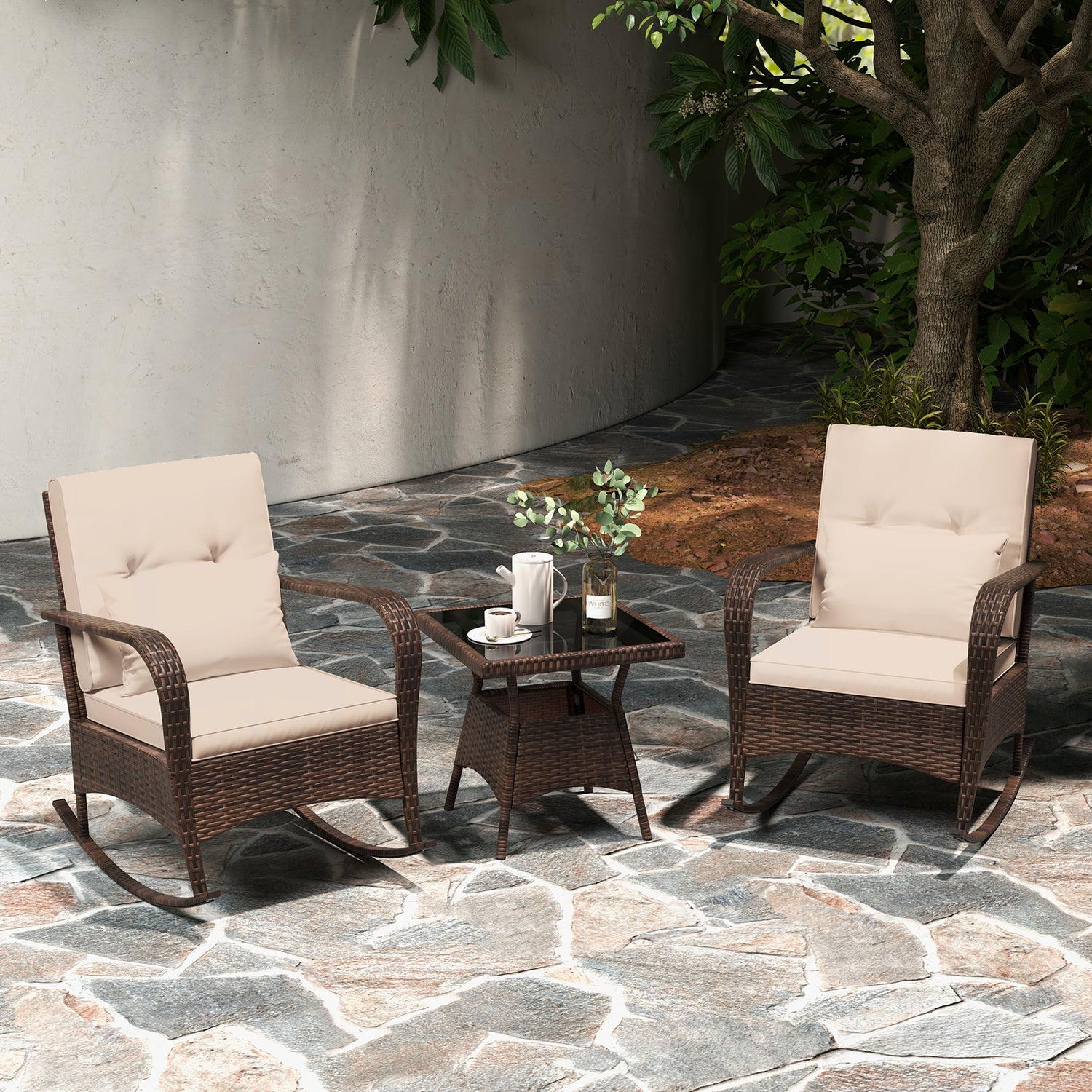 3 Piece Outdoor Rocking Set with Tempered Glass Coffee Table for Backyard Poolside-Brown