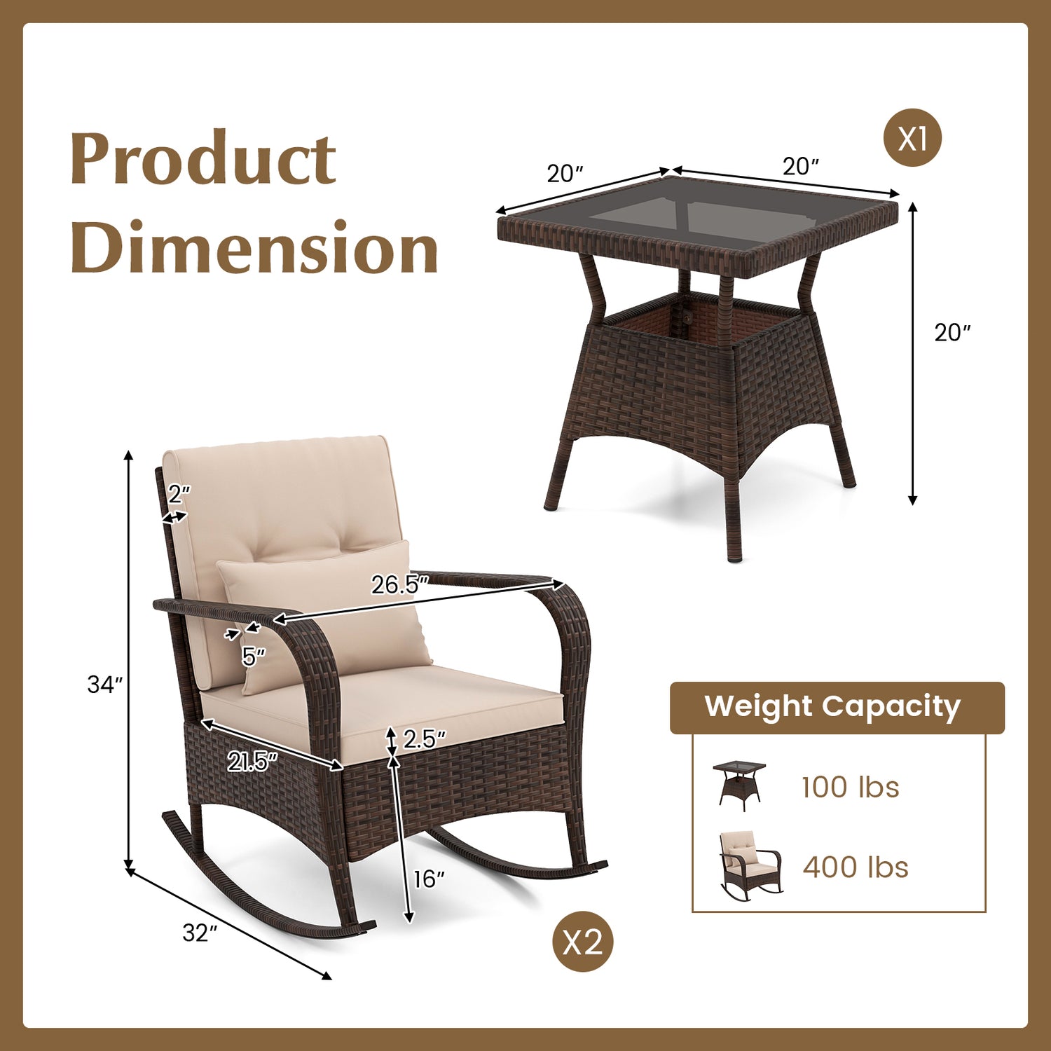 3 Piece Outdoor Rocking Set with Tempered Glass Coffee Table for Backyard Poolside-Brown