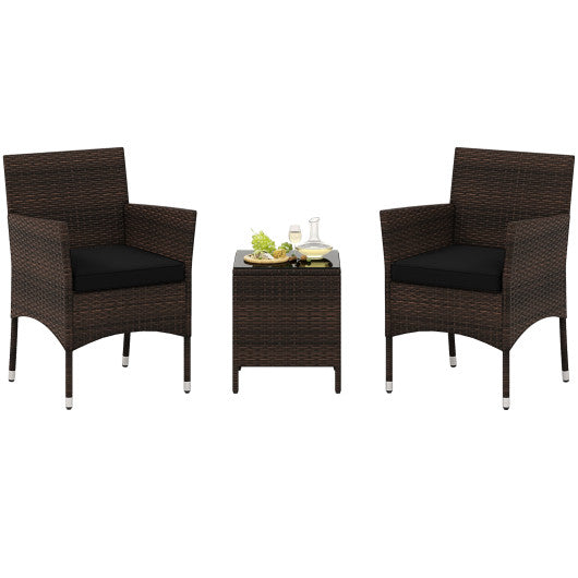3 Pieces Outdoor Conversation Set with Cushioned Seat and Glass Tabletop-Black