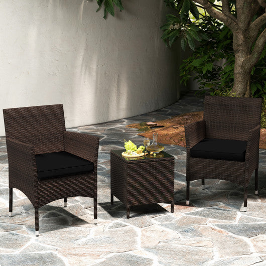 3 Pieces Outdoor Conversation Set with Cushioned Seat and Glass Tabletop-Black