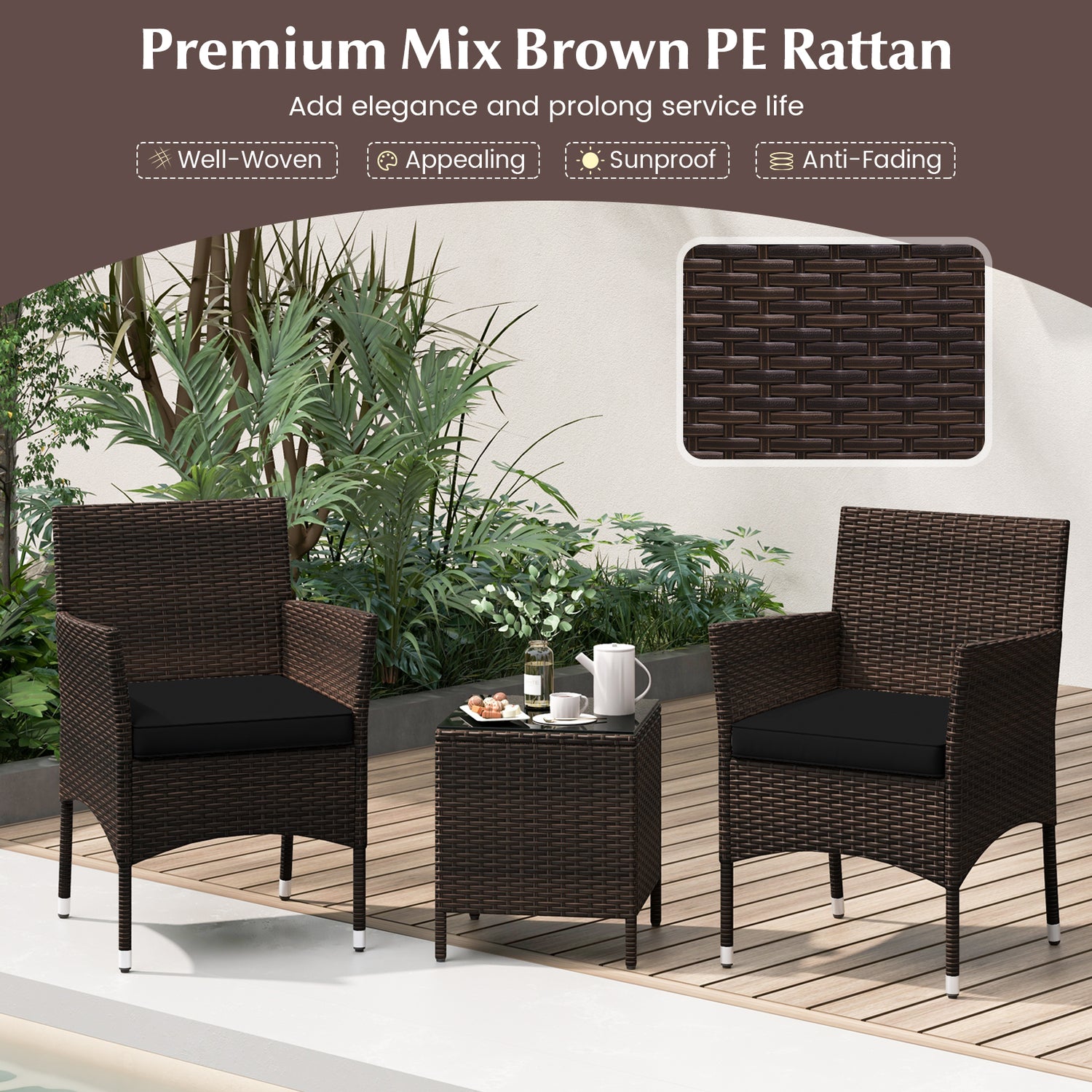 3 Pieces Outdoor Conversation Set with Cushioned Seat and Glass Tabletop-Black