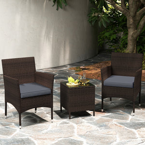 3 Pieces Outdoor Conversation Set with Cushioned Seat and Glass Tabletop-Gray