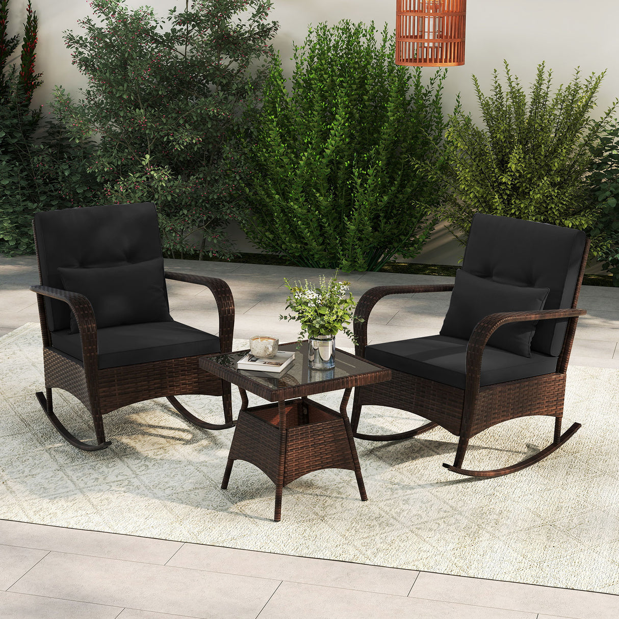 3 Pieces Outdoor Rocking Set with Tempered Glass Coffee Table for Backyard Poolside-Black