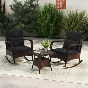 3 Pieces Outdoor Rocking Set with Tempered Glass Coffee Table for Backyard Poolside-Black