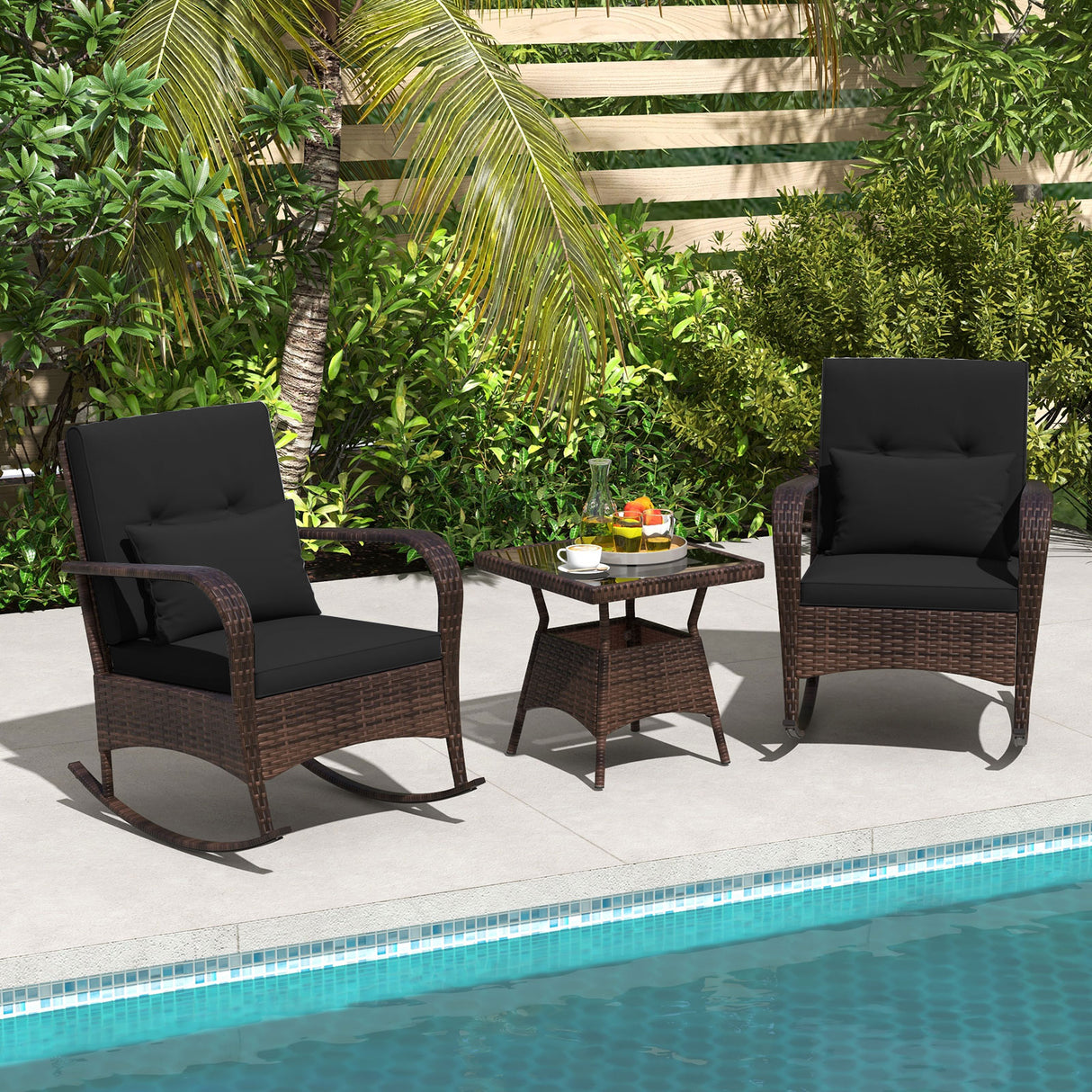 3 Pieces Outdoor Rocking Set with Tempered Glass Coffee Table for Backyard Poolside-Black