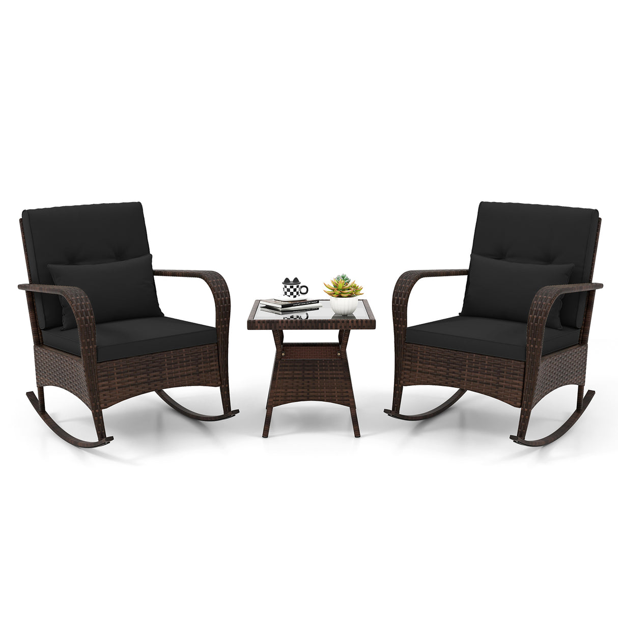 3 Pieces Outdoor Rocking Set with Tempered Glass Coffee Table for Backyard Poolside-Black