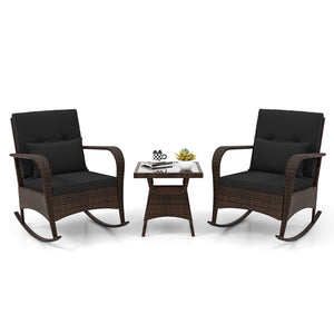 3 Pieces Outdoor Rocking Set with Tempered Glass Coffee Table for Backyard Poolside-Black