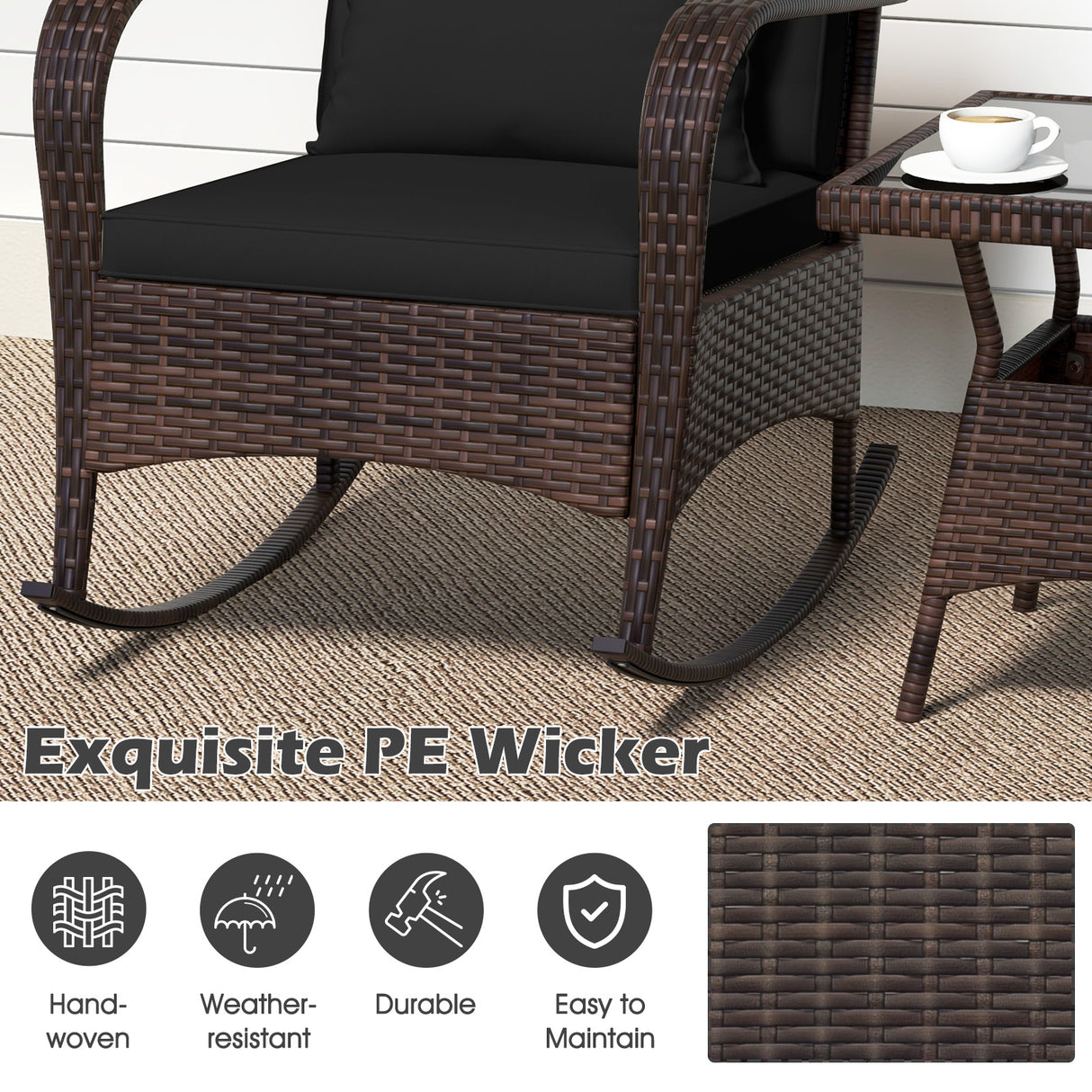3 Pieces Outdoor Rocking Set with Tempered Glass Coffee Table for Backyard Poolside-Black
