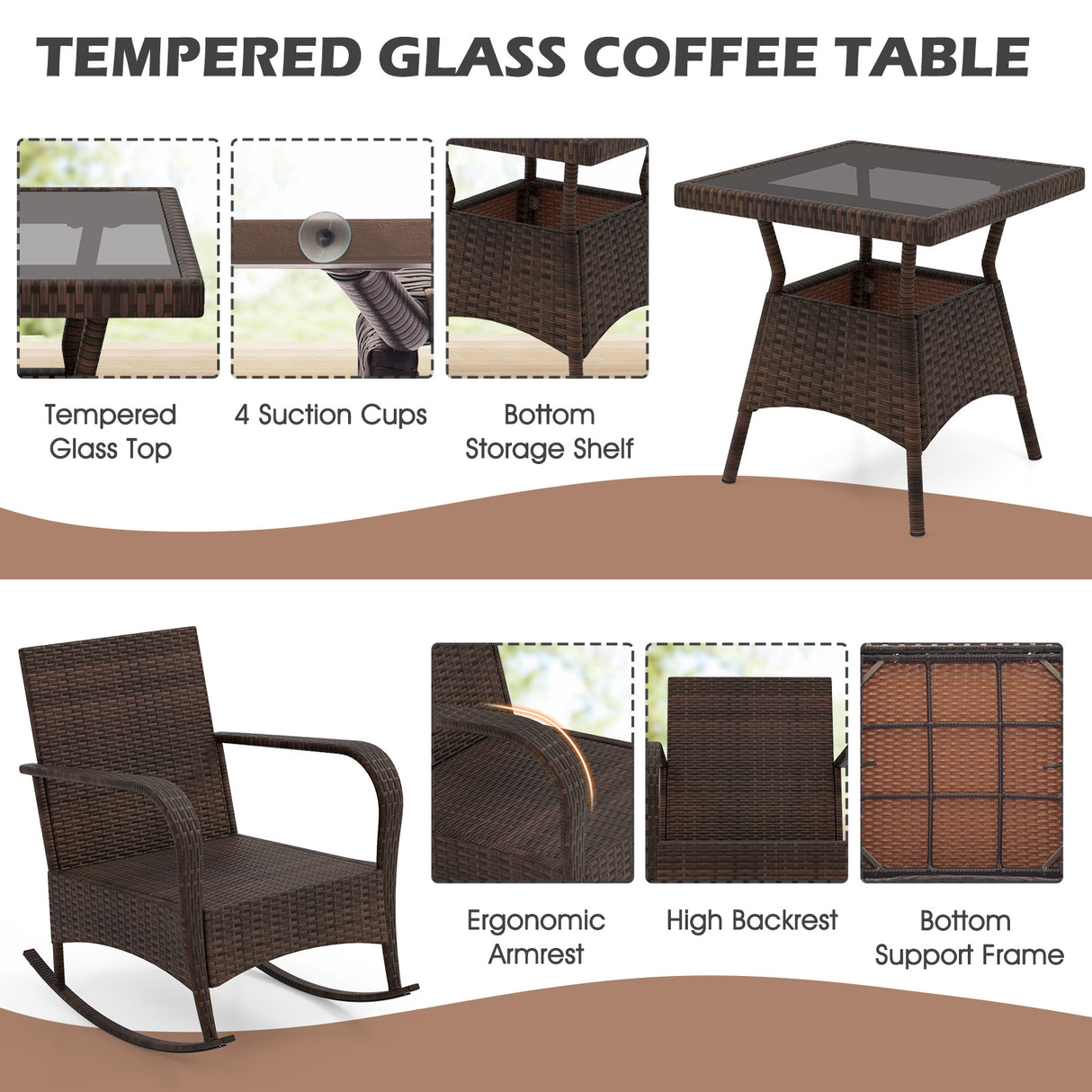 3 Pieces Outdoor Rocking Set with Tempered Glass Coffee Table for Backyard Poolside-Black