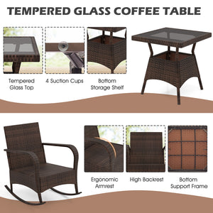 3 Pieces Outdoor Rocking Set with Tempered Glass Coffee Table for Backyard Poolside-Black