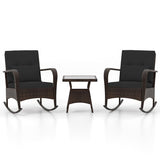 3 Pieces Outdoor Rocking Set with Tempered Glass Coffee Table for Backyard Poolside-Black