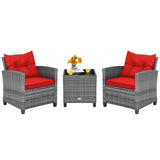 3 Pieces Outdoor Wicker Conversation Set with Tempered Glass Tabletop-Red