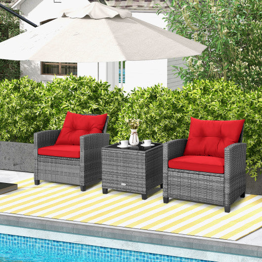 3 Pieces Outdoor Wicker Conversation Set with Tempered Glass Tabletop-Red