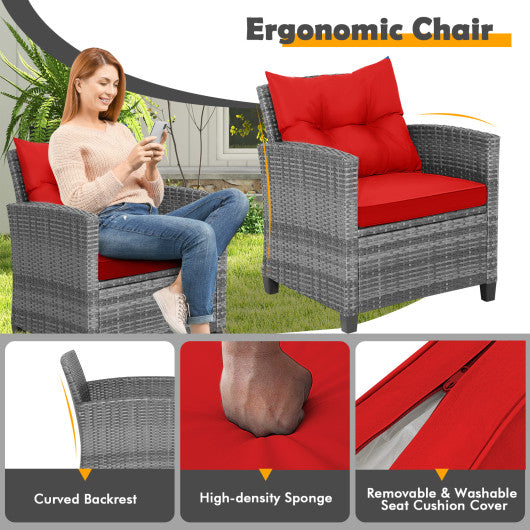 3 Pieces Outdoor Wicker Conversation Set with Tempered Glass Tabletop-Red