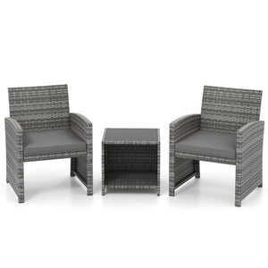 3 Pieces Patio Furniture Set with Tempered Glass Coffee Table and Soft Seat Cushions-Gray