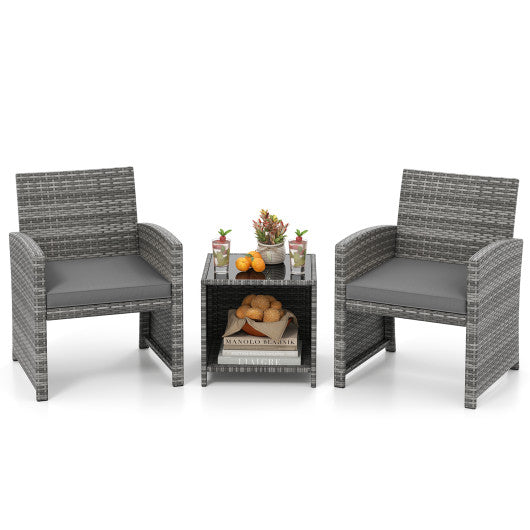 3 Pieces Patio Furniture Set with Tempered Glass Coffee Table and Soft Seat Cushions-Gray