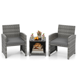 3 Pieces Patio Furniture Set with Tempered Glass Coffee Table and Soft Seat Cushions-Gray