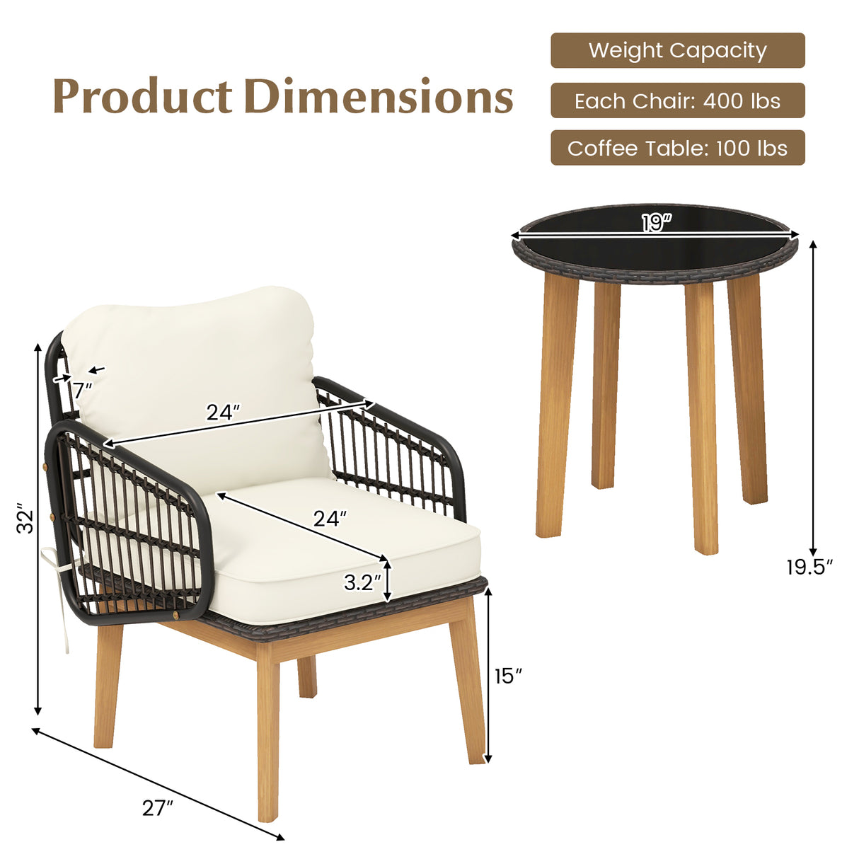 3 Pieces Patio Furniture Set with Cushioned Chairs and Tempered Glass Side Table-Black