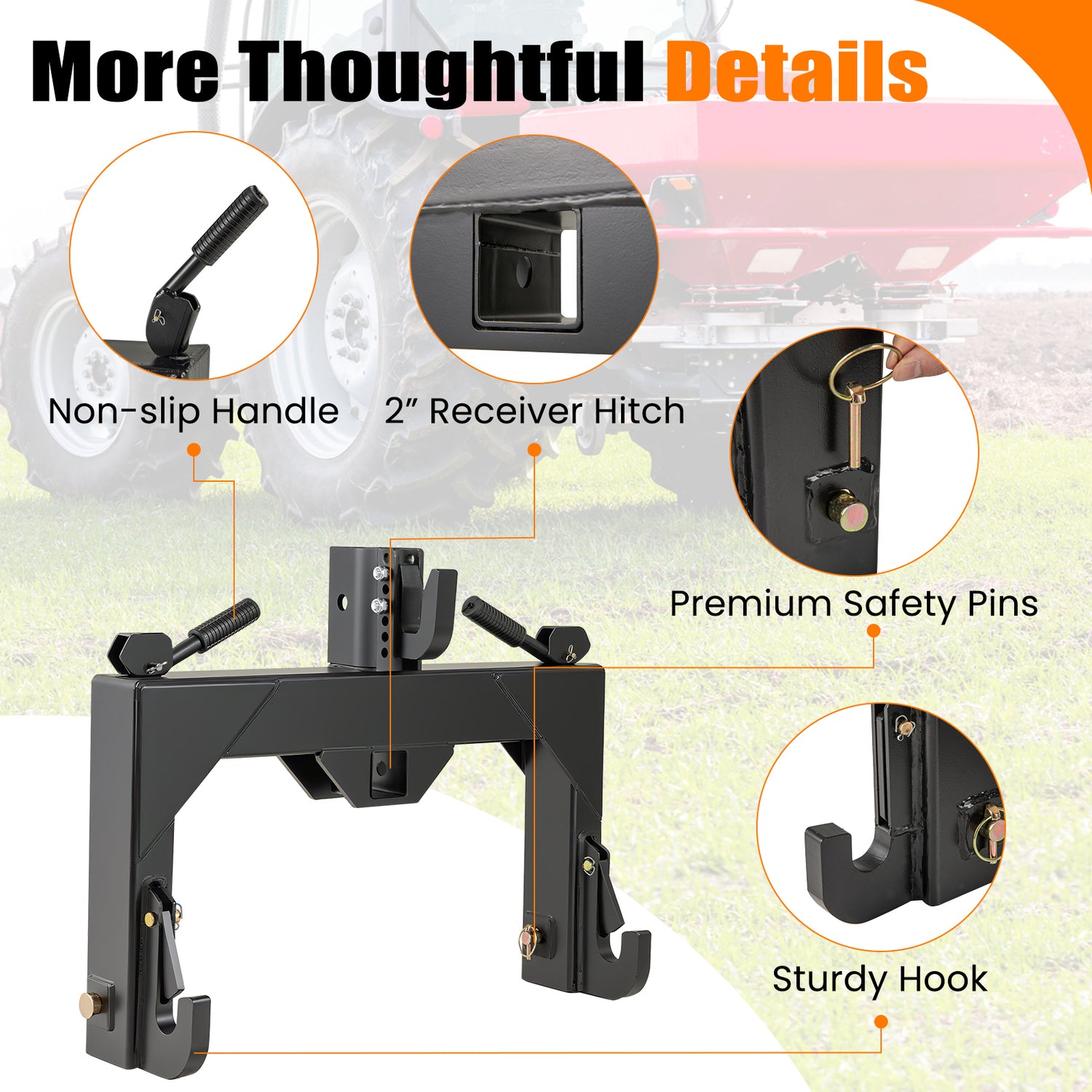 3-Point Quick Hitch with 5 Level Adjustable Bolt for Farming-Black