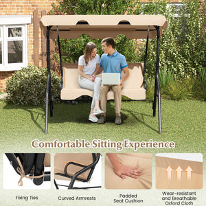 3 Seat Outdoor Patio Canopy Swing with Cushioned Steel Frame-Beige