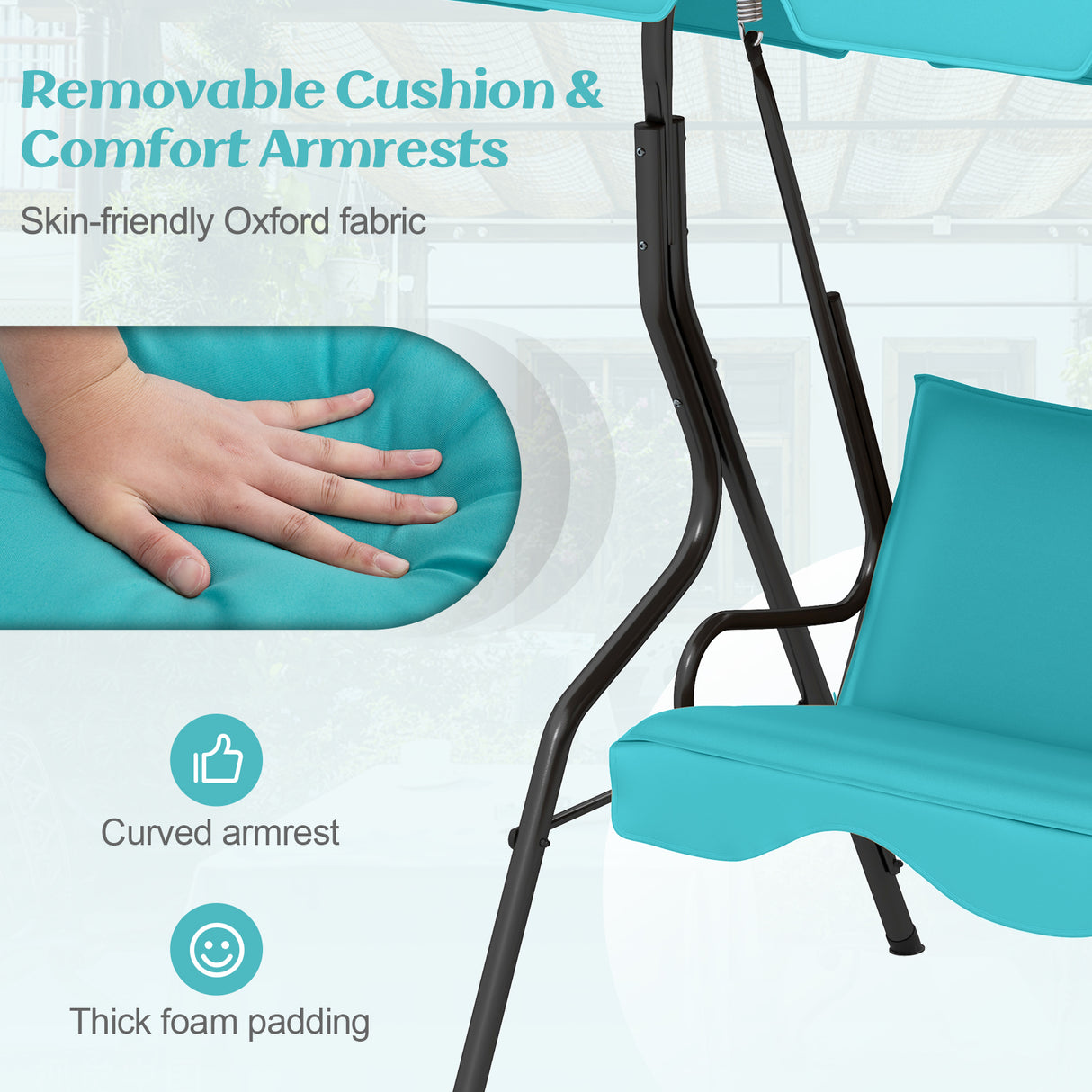 3 Seat Outdoor Patio Canopy Swing with Cushioned Steel Frame-Blue