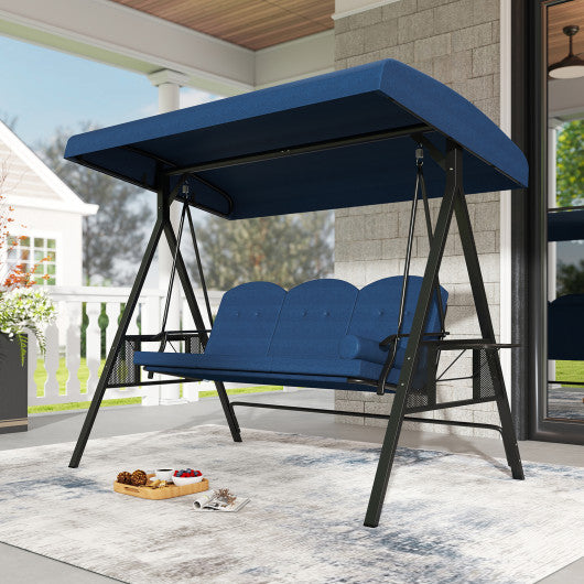 3-Seat Patio Swing Chair Porch Swing with Adjustable Canopy Thickened Cushions Pillow and Foldable Side Trays-Navy