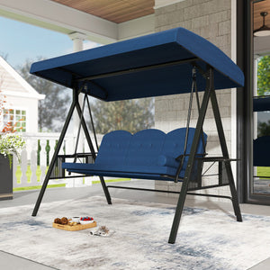 3-Seat Patio Swing Chair Porch Swing with Adjustable Canopy Thickened Cushions Pillow and Foldable Side Trays-Navy