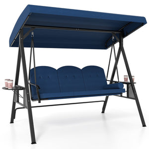 3-Seat Patio Swing Chair Porch Swing with Adjustable Canopy Thickened Cushions Pillow and Foldable Side Trays-Navy