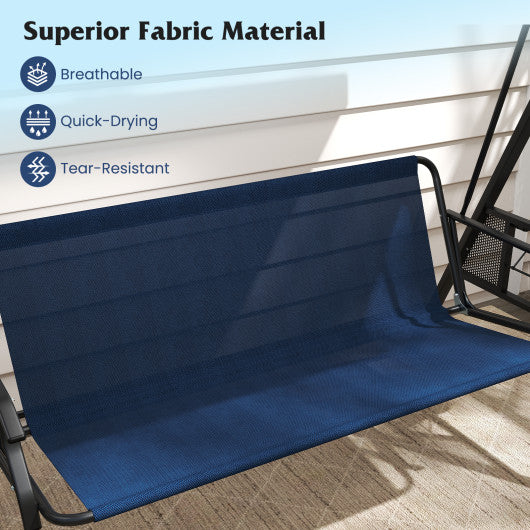 3-Seat Patio Swing Chair Porch Swing with Adjustable Canopy Thickened Cushions Pillow and Foldable Side Trays-Navy