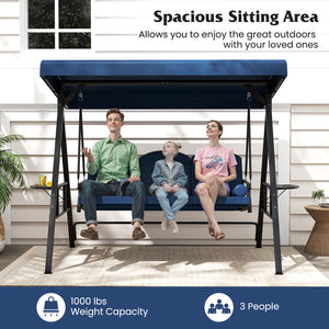 3-Seat Patio Swing Chair Porch Swing with Adjustable Canopy Thickened Cushions Pillow and Foldable Side Trays-Navy