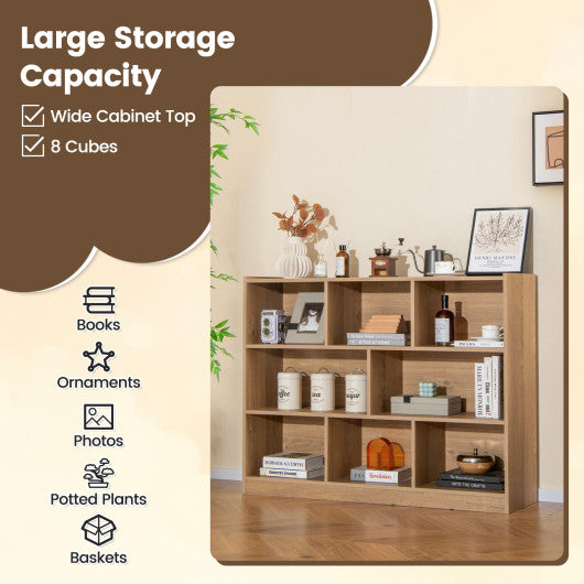 3-Tier Open Bookcase 8-Cube Floor Standing Storage Shelves-Natural