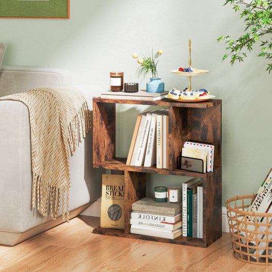 3-Tier Bookshelf with Display Shelf for Small Space-Rustic Brown