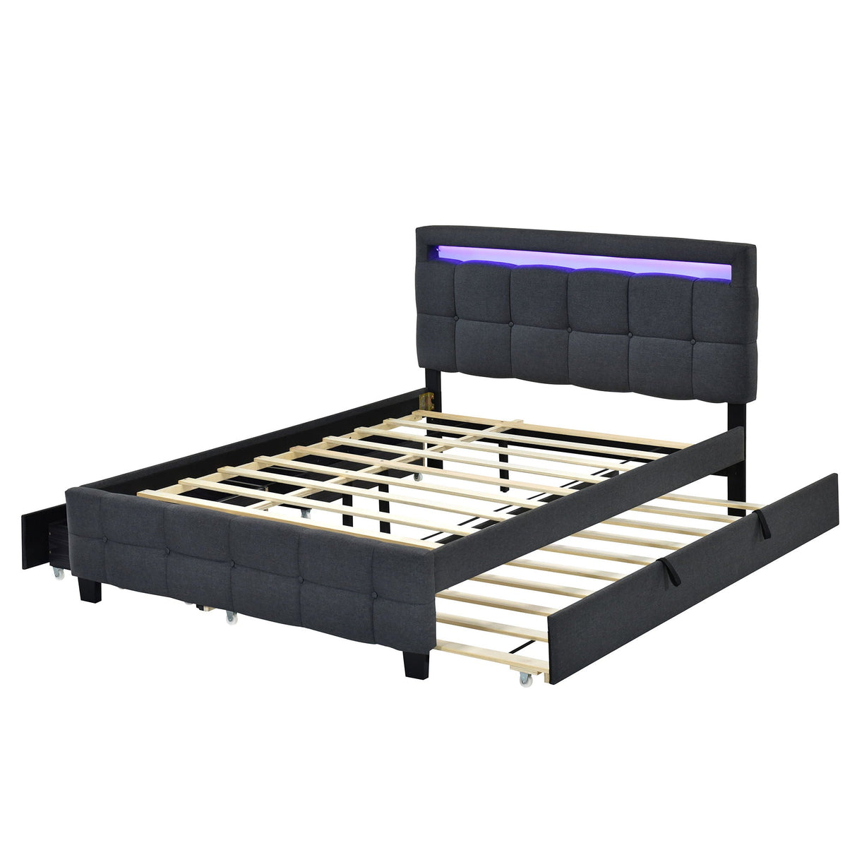 The Upholstered Platform Bed With LED Frame features a black tufted headboard with a blue LED strip, wooden slats for mattress support, and two wheel-fitted drawers for storage.