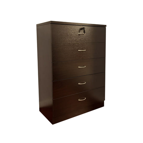 A dark wood 5-drawer chest with silver handles on a white background features a locking top drawer.