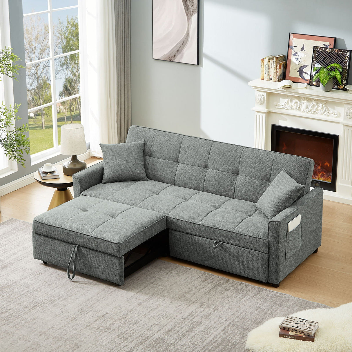 3 In 1 Convertible Sleeper Sofa Bed, Reclining Backrest, Pillows, Pockets by Couch.com