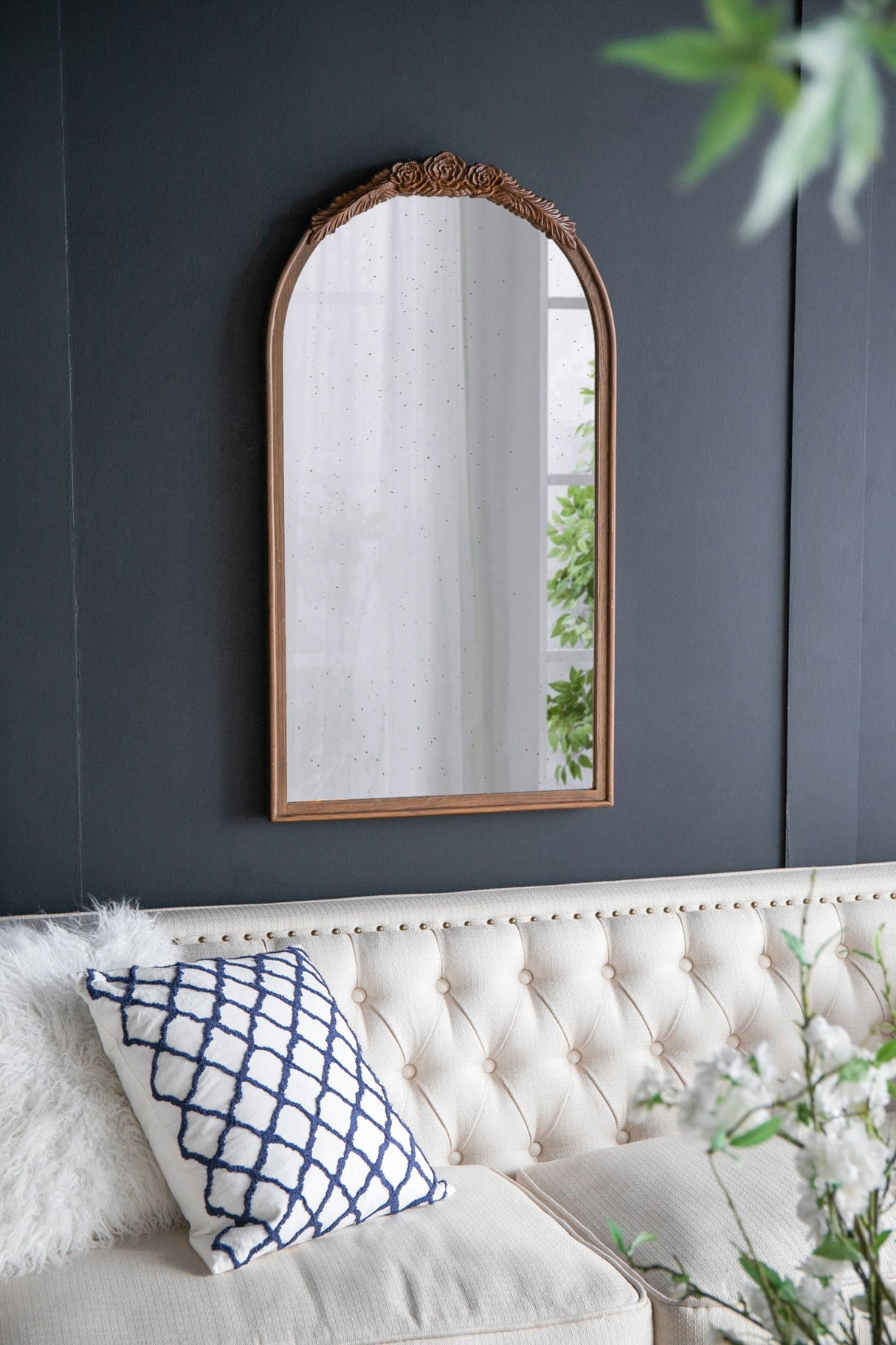 Hand Carved Rose Antique Mirror Frame, Wood Arch Mirror Wall Decor For Living Room by Couch.com