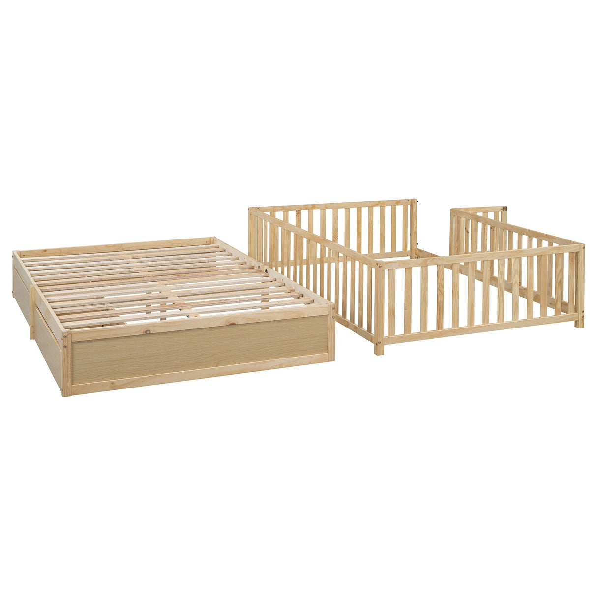 Daybed With Fence Guardrails And 2 Drawers, Split Into Independent Floor Bed & Daybed by Couch.com