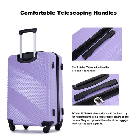 A purple suitcase from the 3 Piece Luggage Sets features a textured diagonal stripe, telescoping and side handles, black protective corners, with close-up images of the handle and zipper alongside descriptions of handle features.