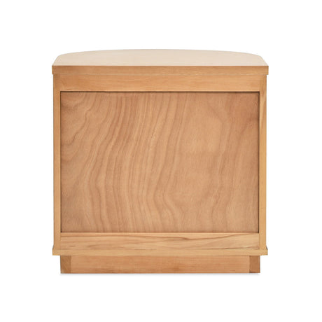 The Valentine 2 Drawer Storage Side Table has a minimalist wooden design with a smooth natural finish, clean lines, and a front panel featuring a subtle wood grain pattern.