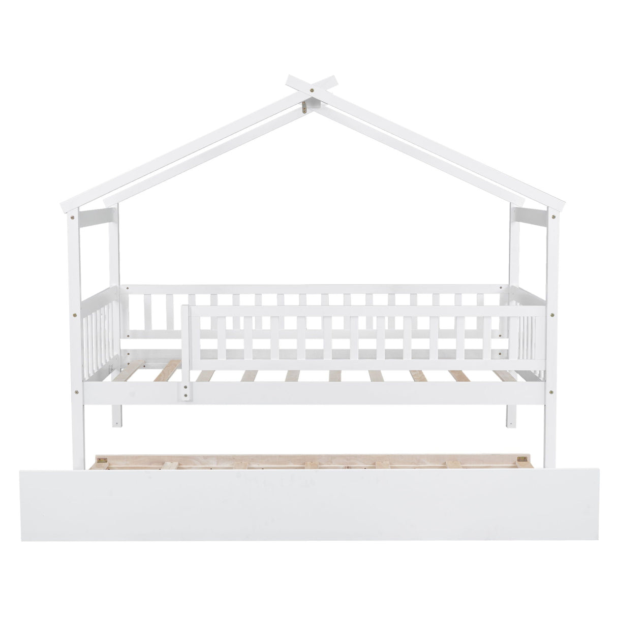 The Creativity House Bed With Twin Size Trundle is a white, house-shaped wooden bed frame for children's rooms, featuring safety rails and an open roof design that adds a minimalist yet playful touch.