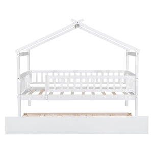 The Creativity House Bed With Twin Size Trundle is a white, house-shaped wooden bed frame for children's rooms, featuring safety rails and an open roof design that adds a minimalist yet playful touch.