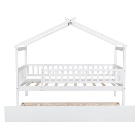 The Creativity House Bed With Twin Size Trundle is a white, house-shaped wooden bed frame for children's rooms, featuring safety rails and an open roof design that adds a minimalist yet playful touch.