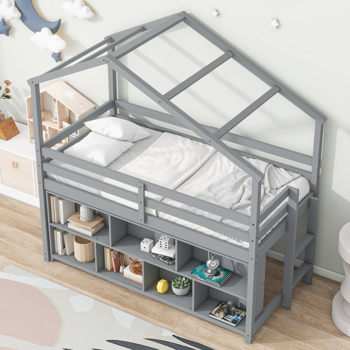 House Loft Bed With Roof Frame, Under Bed Shelving Storage Unit, Guardrails, Ladder by Couch.com